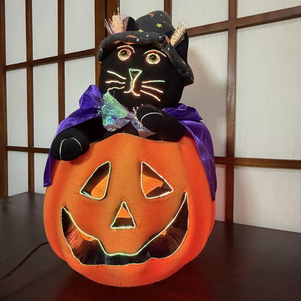Decoration Fiber Optic Wizard Black Cat in a Pumpkin Lighted 17" Halloween VTG